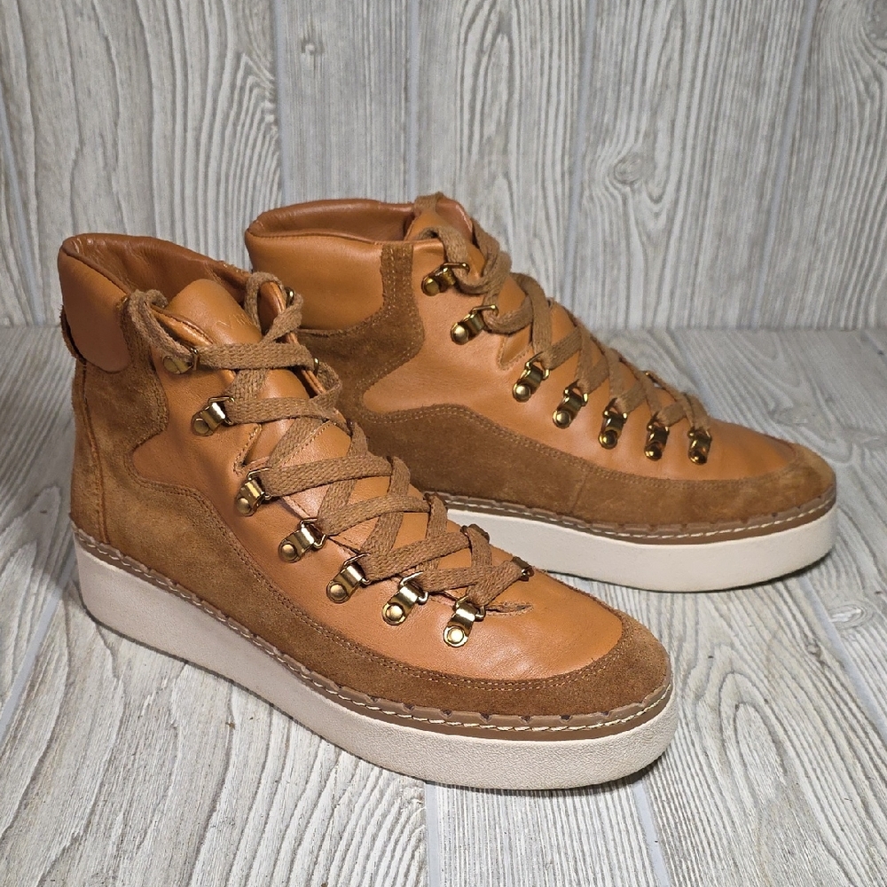 Vince Soren Weatherproof High Top Tan and Brown Leather Sneakers Womens 8.5
